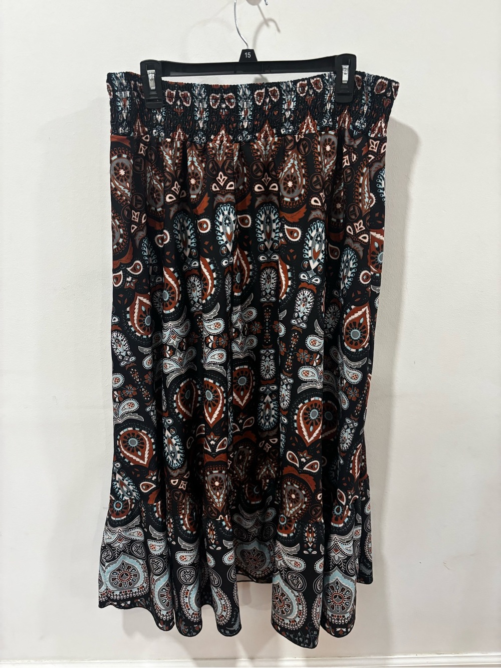 Boho Paisley Elastic-Waist Maxi Skirt - Black Aqua Rust Flowy Free Cottage Fairy